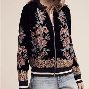 Anthropologie Embroidered Velvet Bomber Jacket